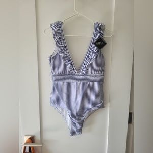 NWT Nautical Blue Stripe Ruffles One Piece Swimsuit